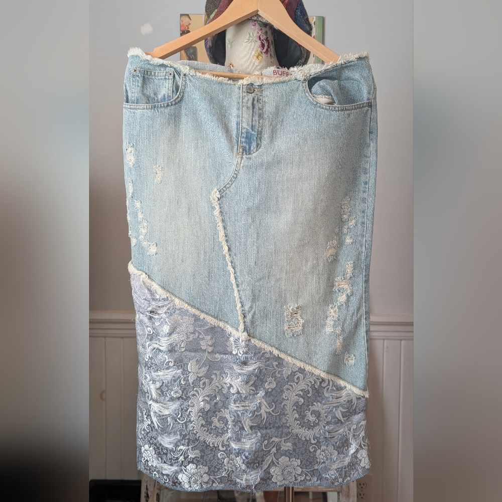 Buffalo David Bitton Light Blue Denim and Silver Lace Asymmetrical Midi Skirt